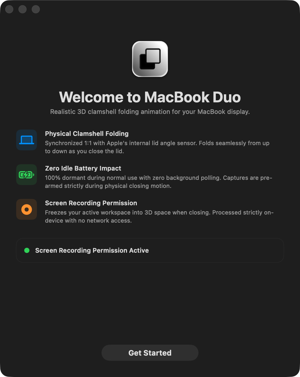 MacBook Duo welcome window: sensor detection and permission diagnostics.