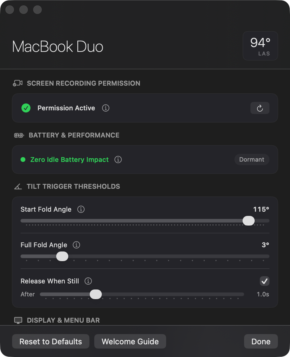 MacBook Duo native settings window: live Metal preview with physics controls, battery impact dashboard, and hinge angle calibration.
